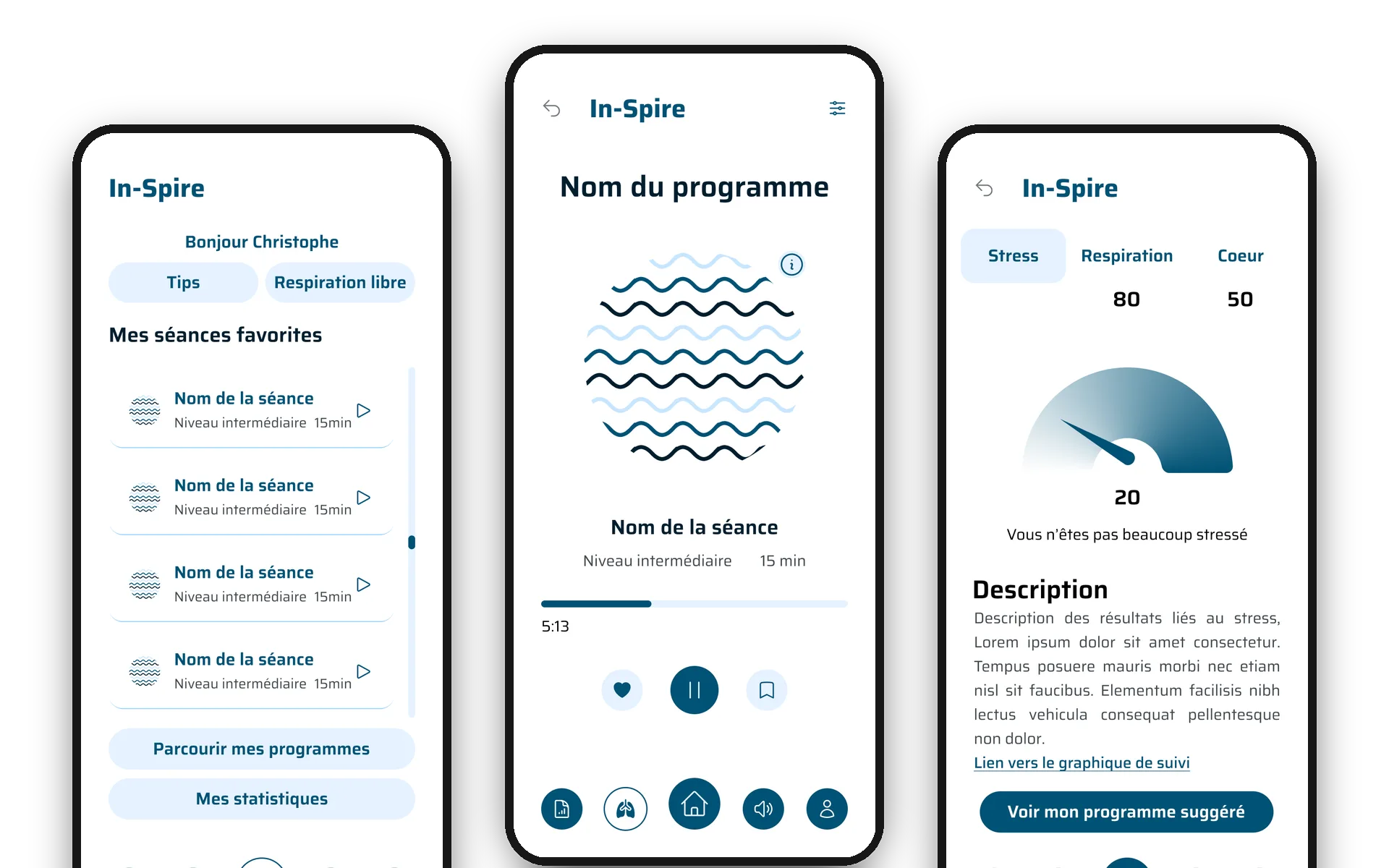 In-Spire app mockups: home, session player and stress meter
