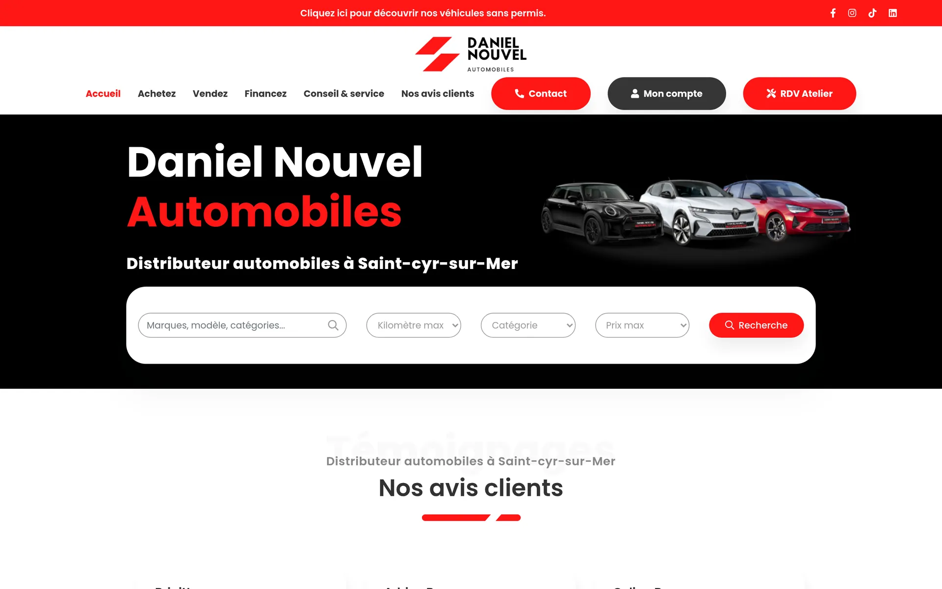 Daniel Nouvel Automobiles home page, with the vehicle search